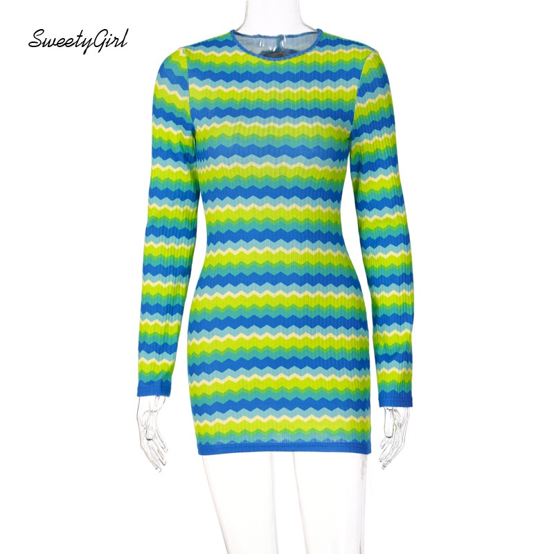 Đầm Mini Cổ Tròn Tay Dài Họa Tiết Kẻ Sọc 2022 Màu Sắc Thời Trang Quyến Rũ Cho Nữ