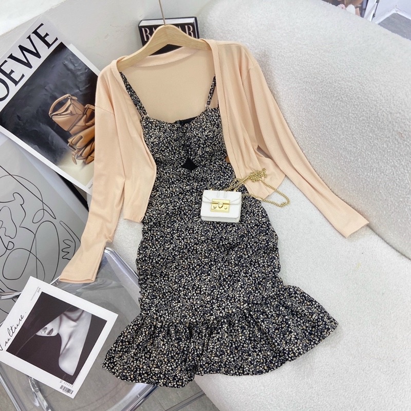 set váy hoa 2 dây kèm cardigan