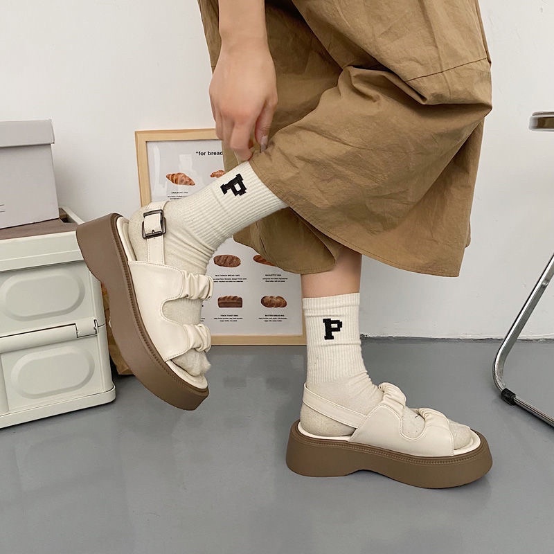 G505 | Dép Sandal Cài Khuy Bèo Nhún Đế Bánh Mì Đặc Giày Sandal Đi Học Ulzzang