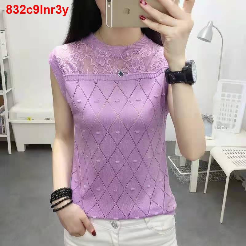 đầm xoèren băng T-shirt dưới cùng áo sơ mi không tay rộng rãi phù hợp với mùa hè vest nữ ngắn len dệt kim mỏng h1