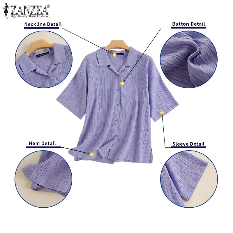 Áo sơ mi ZANZEA cổ bẻ ngắn tay có túi trước thời trang cho nữ