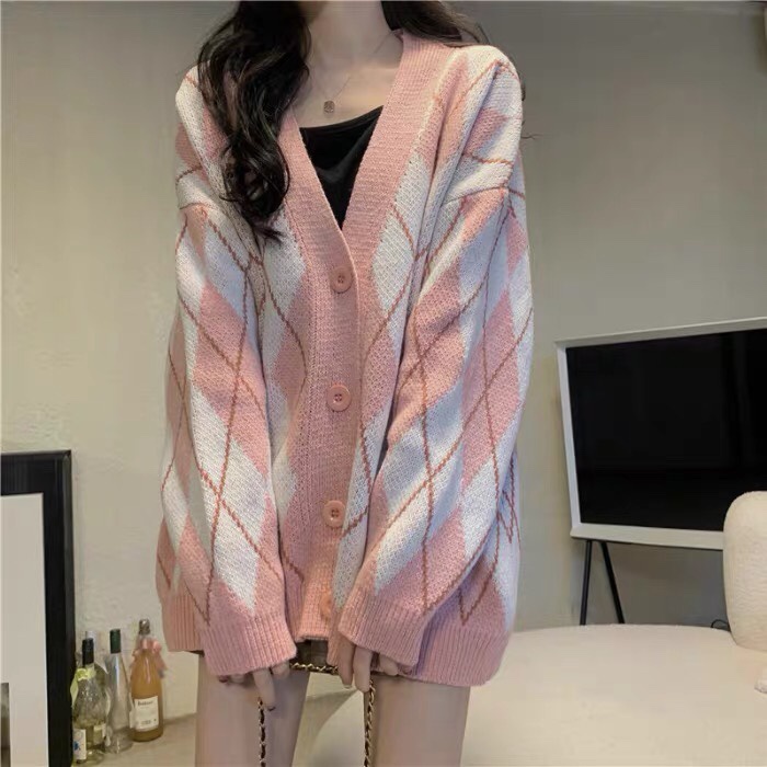 Áo khoác cardigan lông thỏ dáng rộng hoạ tiết kim cương áo khoác len phong cách Hàn Quốc