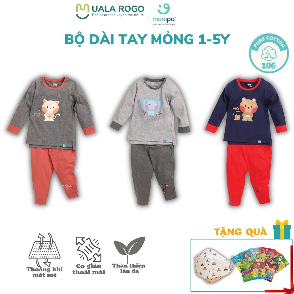Bộ quần áo dài tay mỏng thu đông cho bé Mompa 1 - 5 tuổi vải cotton thoáng mềm cổ tròn bo ống quần 805 806 807
