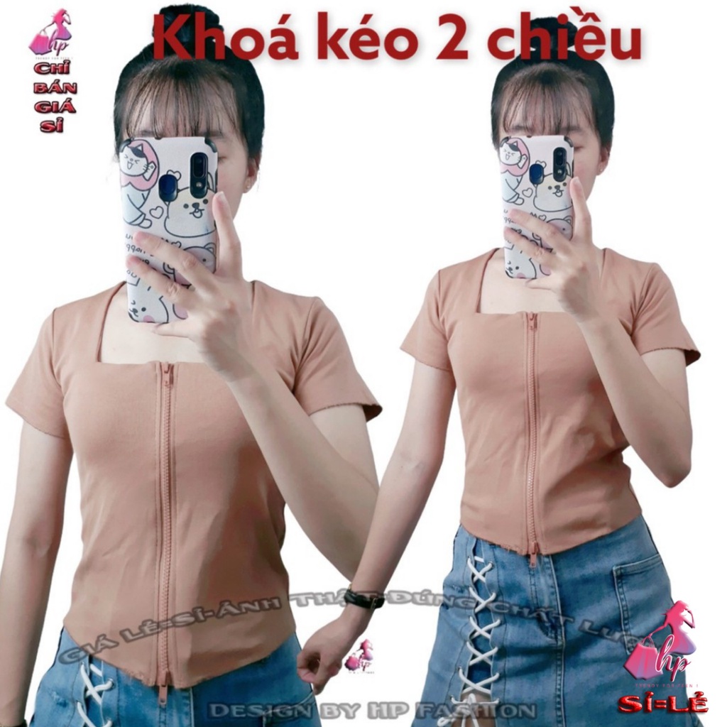 Áo cổ vuông ôm body nữ thun cotton borip mịn dây kéo 2 chiều tay ngắn mẫu mới siêu thời trang [ giá bán sỉ ]