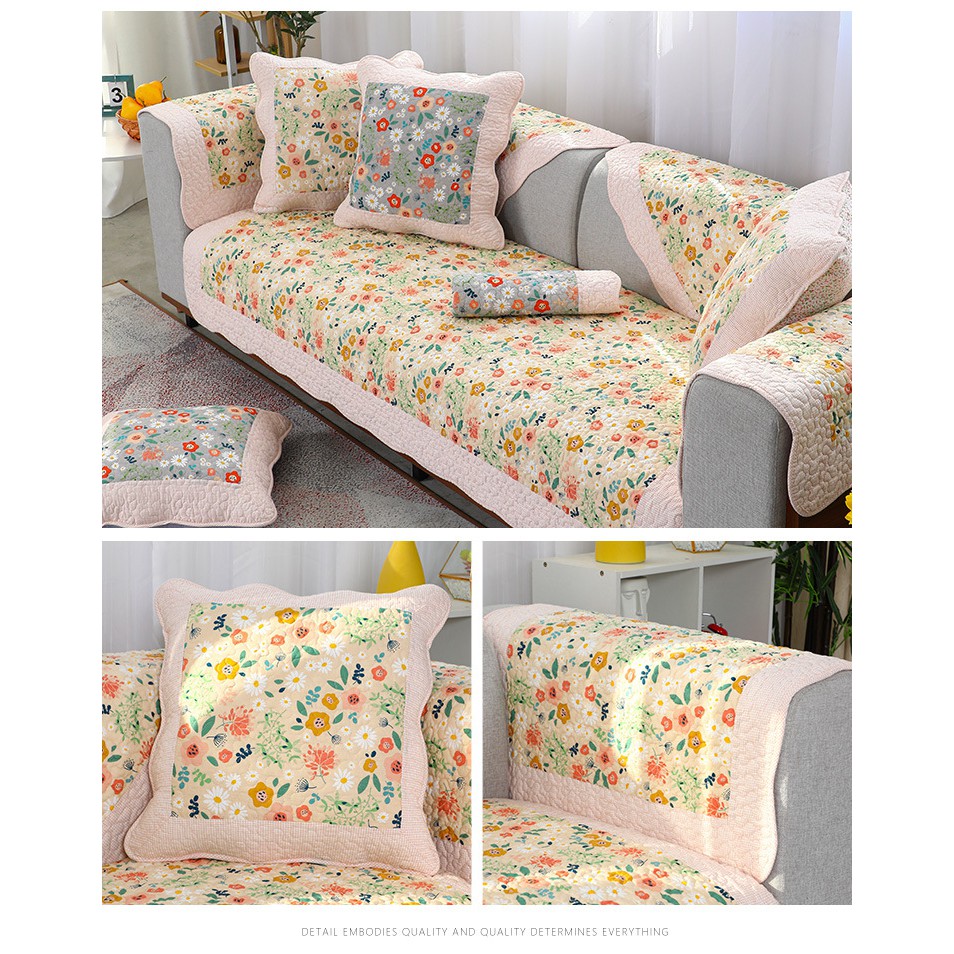 Thảm trang trí sofa, đặt may, thảm đa năng, 100% cotton, Hoa cỏ mùa xuân