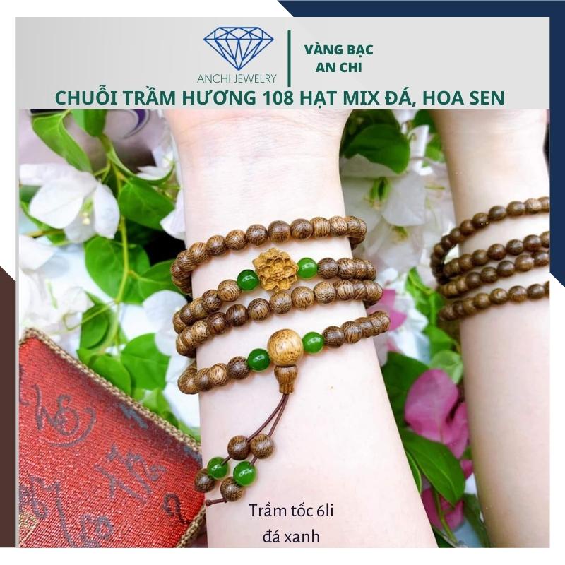 Vòng tay trầm hương 108 hạt mix đá / ngọc / bạc cho nam nữ, Anchi jewelry