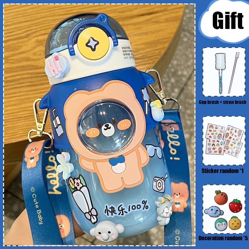 Bình Nước 720ml Chống Tràn Kèm Ống Hút In Hình Hoạt Hình Dễ Thương Cho Bé