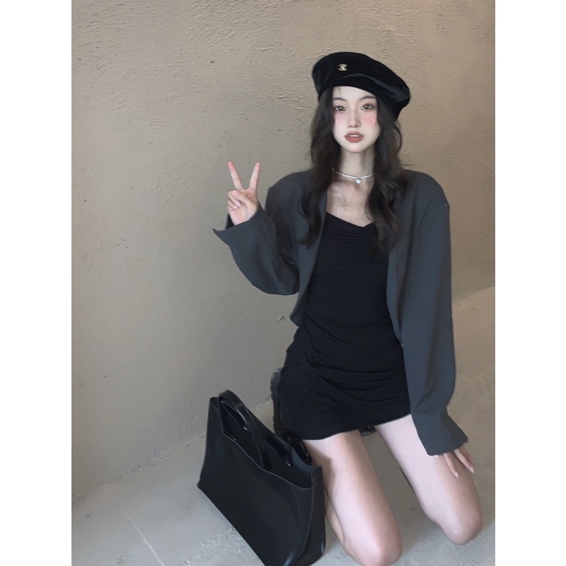 Đầm Hai Dây Tay Dài / Áo Khoác Vest Dáng Ôm Đính Ngọc Trai Thời Trang Hàn Quốc Quyến Rũ Cho Nữ