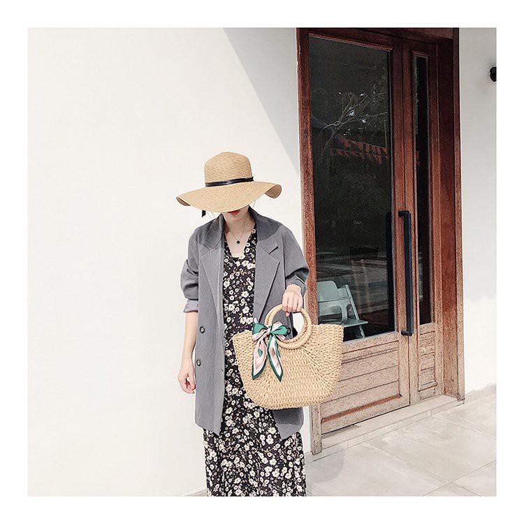 [NowShip - Giao Ngay] Túi Cói Boho Vintage Đeo Vai, Đeo Chéo Hình Tròn Dây Da Màu Nâu Be Trơn