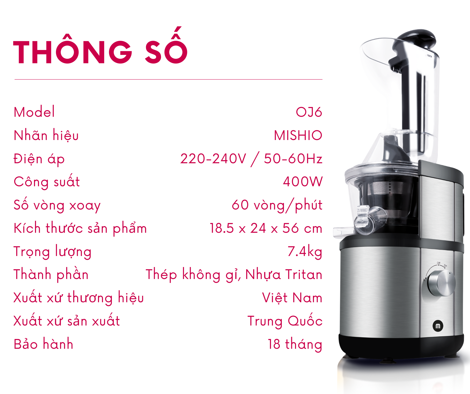 Máy ép trái cây Slowjuicer công suất lớn Mishio OJ6-Fruitberry-S 400W