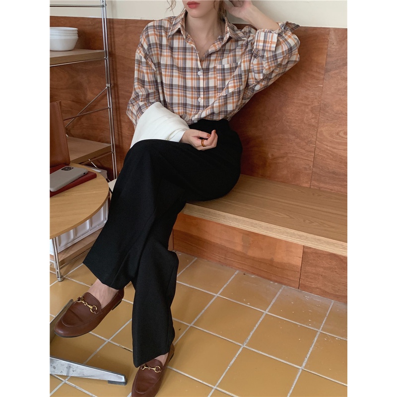 SUXI Áo Sơ Mi Tay Dài Form Rộng Họa Tiết Sọc Caro Phong Cách Retro Hàn Quốc