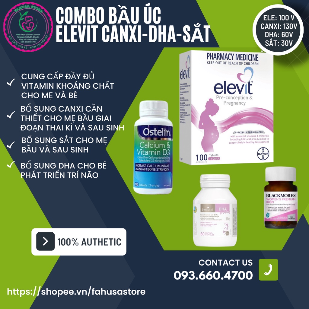 COMBO BẦU ÚC - BỘ TỨ VITAMIN ÚC DÀNH CHO BÀ BẦU DATE 2024 (Elevit, Canxi, DHA, Sắt)