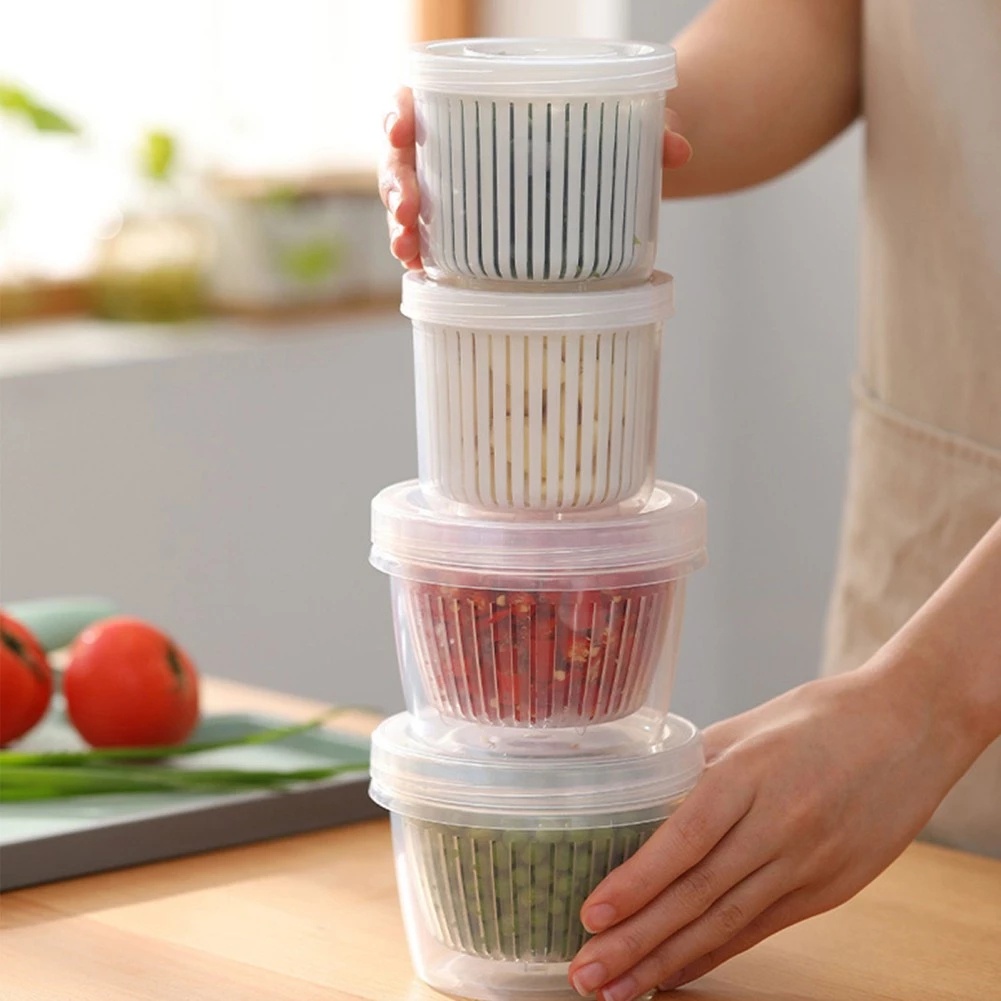 500ml Clear Round Drain Basket/ Food Sealed Container Refrigerator Storage Box/ Kitchen Organizer