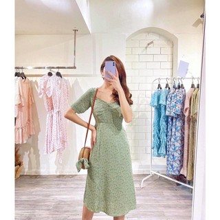 Váy cổ vuông nhún ngực hoa xanh Min Design