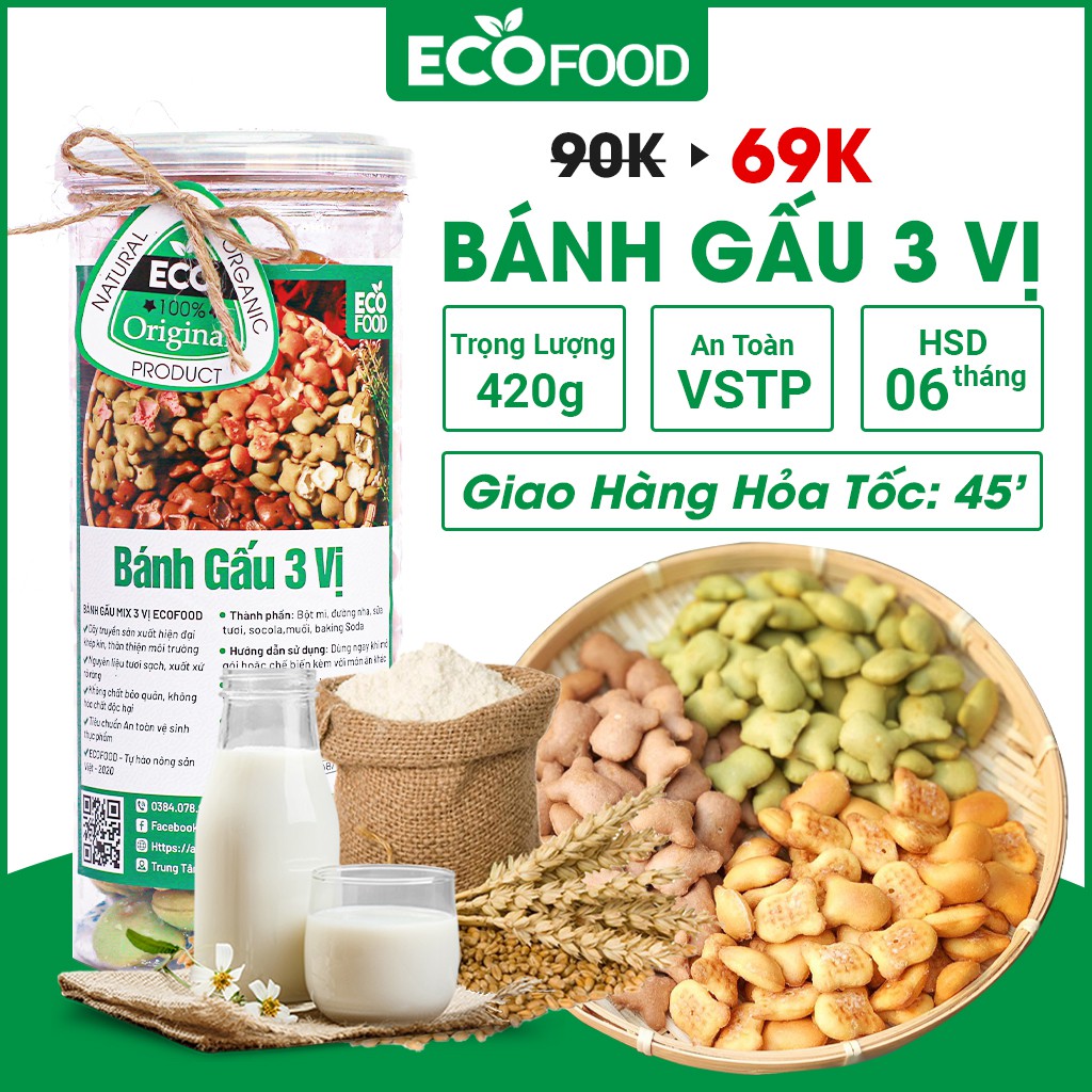 Bánh Gấu Nhân Kem Mix 3 Vị 420G  Ecofood - Đồ ăn vặt Việt Nam - An toàn vệ sinh thực phẩm