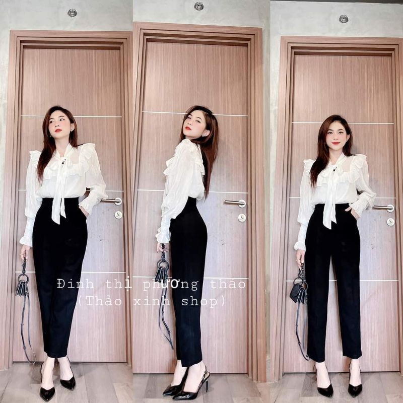 Áo sơ mi trắng cổ trụ bèo thắt nơ, quần baggy tây thanh lịch