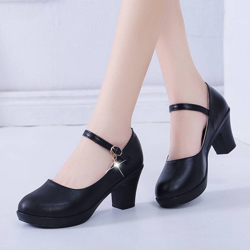 High-heeled shoes work shoes new thick single female fashion buckles round head light mouth shallow mouth for women's shoes