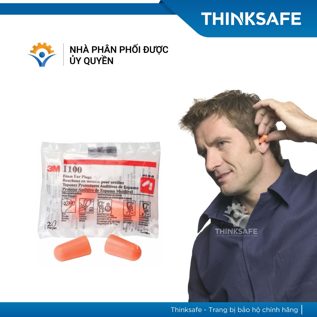 Nút tai chống ồn 3M 1100 cấu tạo từ PU xốp, chống ồn đạt chỉ số NRR 29dB, không dây