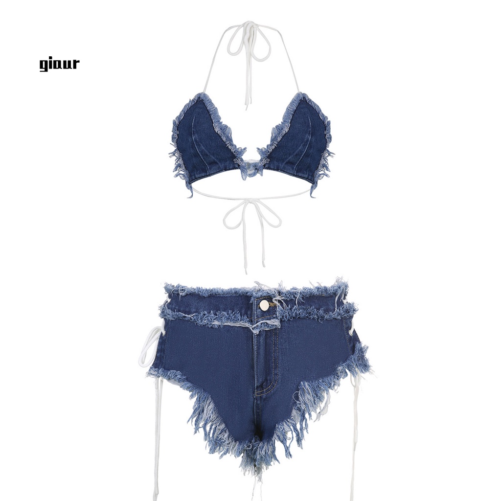 Bộ Áo Ngực Cổ Yếm + Quần Short Rách Cá Tính Cho Nữ