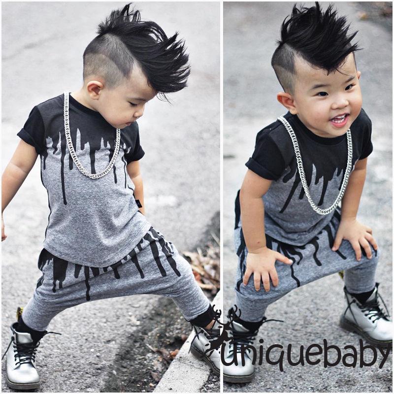 Set áo thun xám + quần thụng harem thời trang cho bé trai