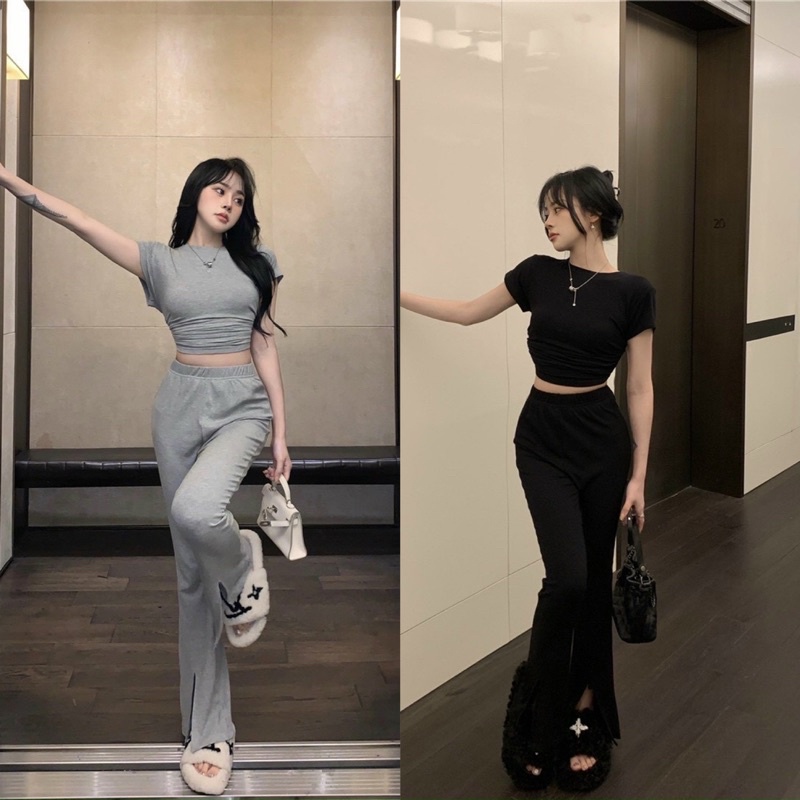 SET BỘ GÂN TĂM LOE XẺ ỐNG ÁO CROPTOP HỞ LƯNG