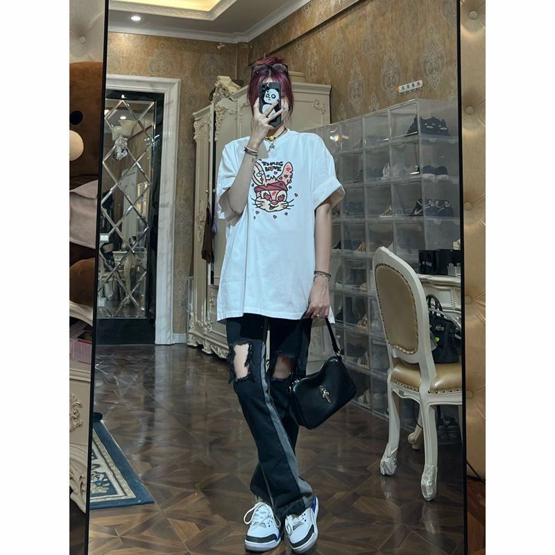 Quần Jean Dài Lưng Cao Ống Loe Rách Gối Phong Cách Hip Hop Đường Phố Mỹ Thời Trang Mùa Hè Cho Nữ