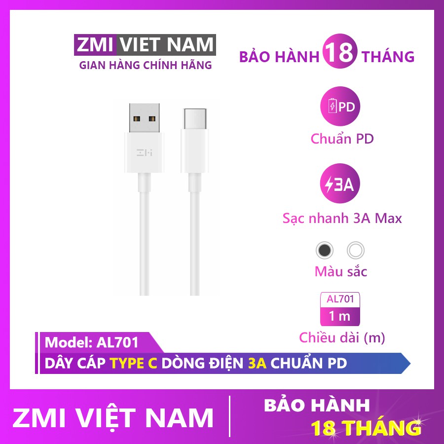 Dây Cáp Type C ZMI AL701, Sạc Nhanh 3A, Dài 1m | Bảo Hành 18 Tháng