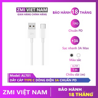 Dây cáp type c zmi al701, sạc nhanh 3a, dài 1m | bảo hành 18 tháng