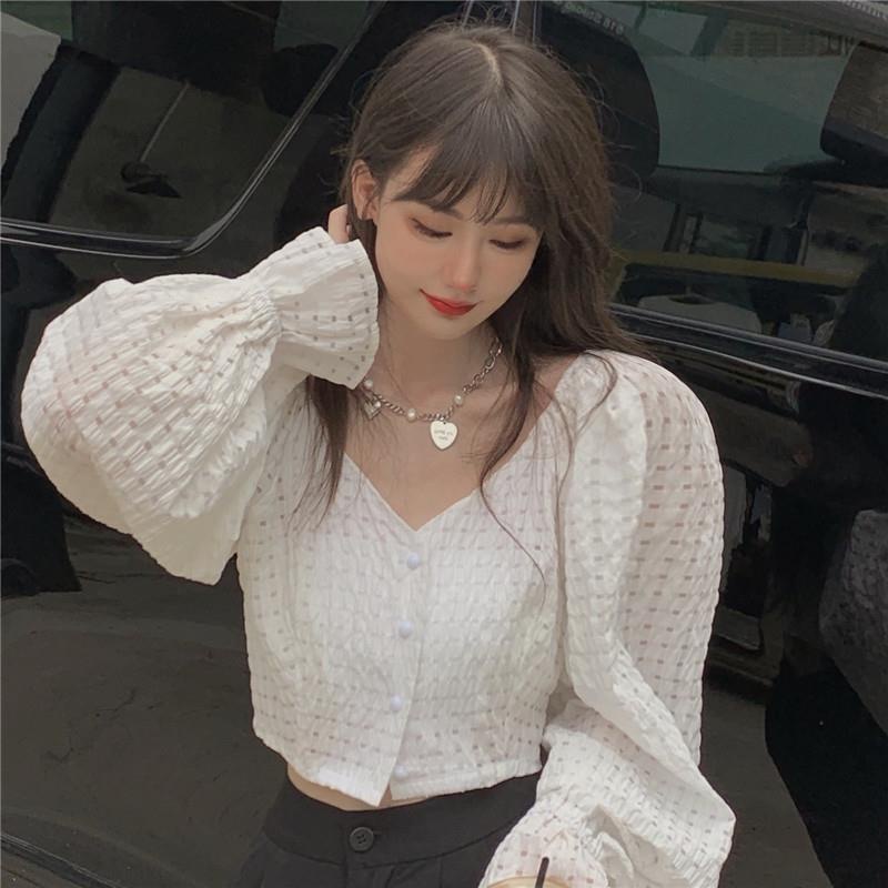 Áo kiểu tay dài cổ V thời trang xinh xắn cho nữ