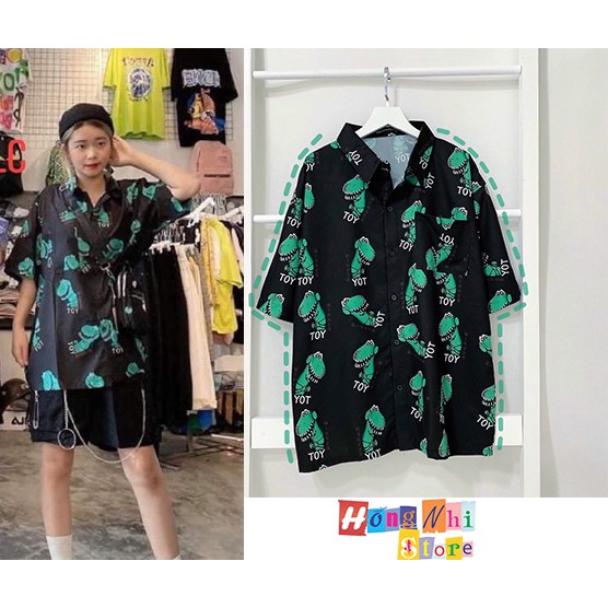 Áo sơ mi hoạ tiết khủng long xanh tay lỡ dáng rộng, sơ mi hoa dáng rộng đi biển unisex - mm | BigBuy360 - bigbuy360.vn