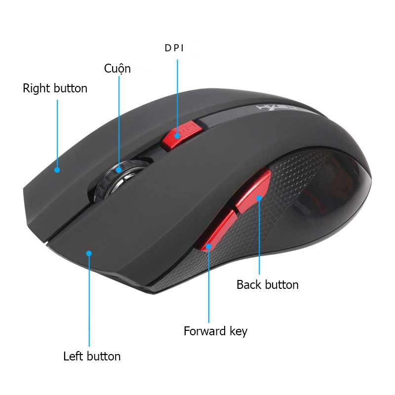 Chuột không dây HXSJ X50 Red/Black có nút trợ năng , điều chỉnh 2400DPI chuyên dùng chơi game, máy tính, laptop, tivi