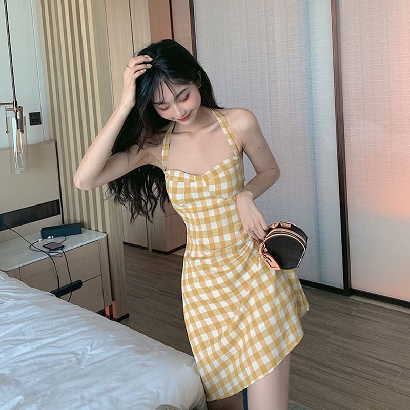 Đầm IELGY dáng chữ A không tay họa tiết sọc caro phong cách retro thời trang cho nữ