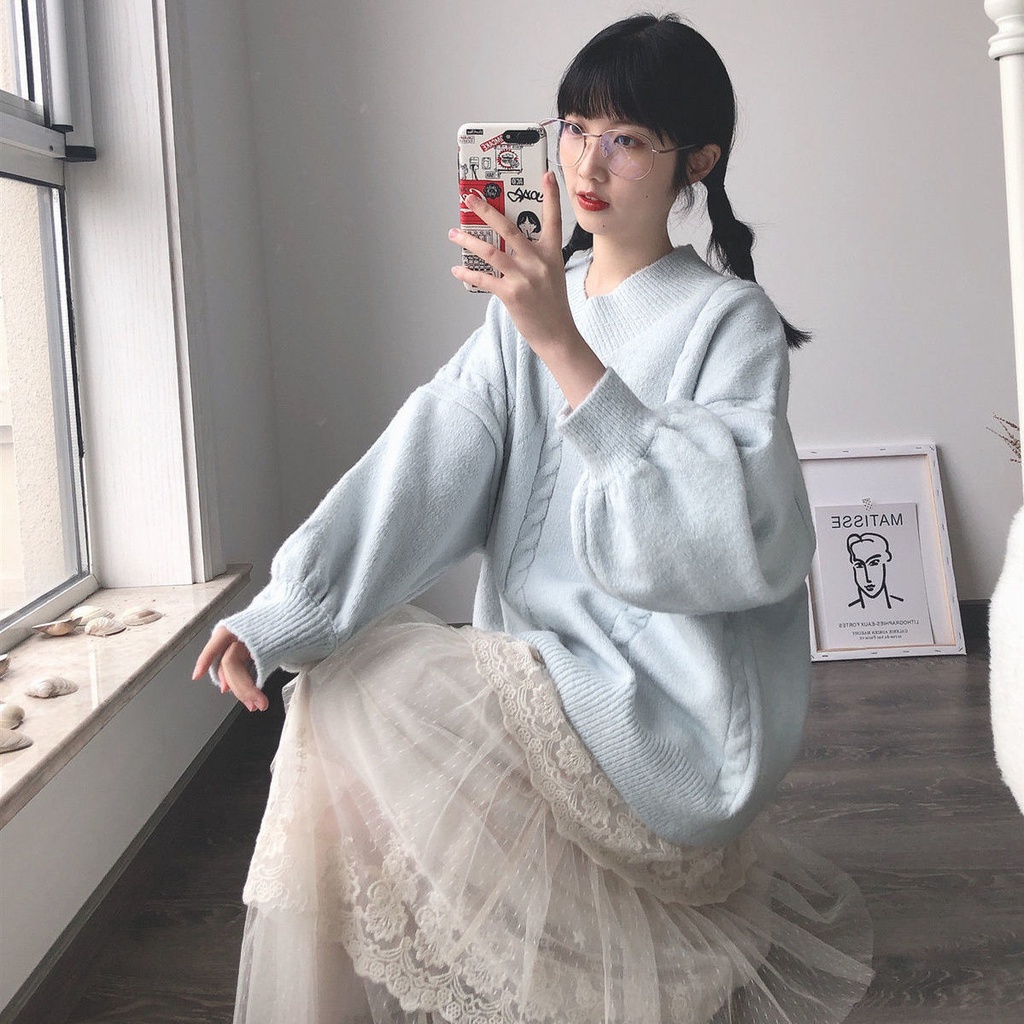 Mới Áo Sweater Dệt Kim Tay Dài Dáng Rộng Cổ Chữ V Màu Trơn Kiểu Hàn Quốc Xinh Xắn Cho Nữ