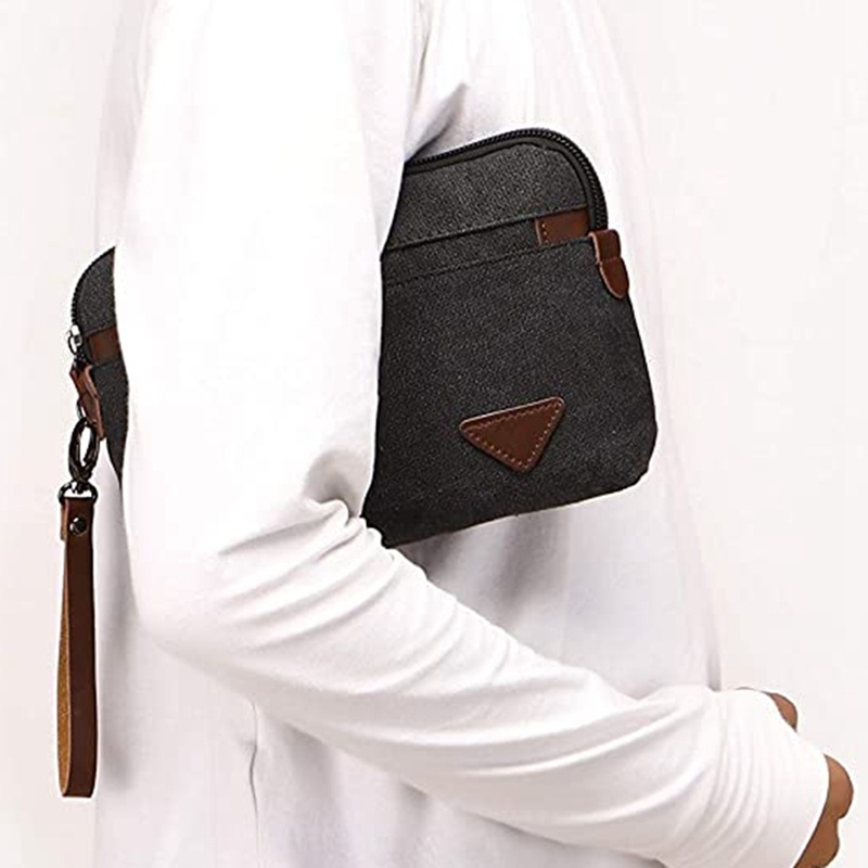 Ví cầm tay bằng vải canvas cỡ lớn có khóa kéo và dây đeo bằng da màu đen thời trang cho nam