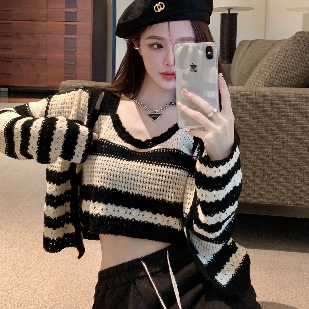 SUXI Áo Croptop Dệt Kim Tay Dài Kẻ Sọc Phong Cách Hàn Quốc