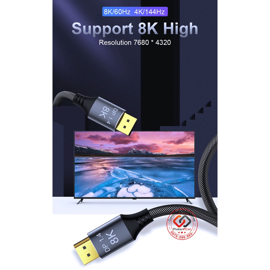 Cáp Displayport dài 50cm (0.5m) 8K 4k 2k, 2 đầu DP 1.4 (Displayport) cho PC, TinyPC, Laptop Card đồ hoạ VGA Monitor HDTV