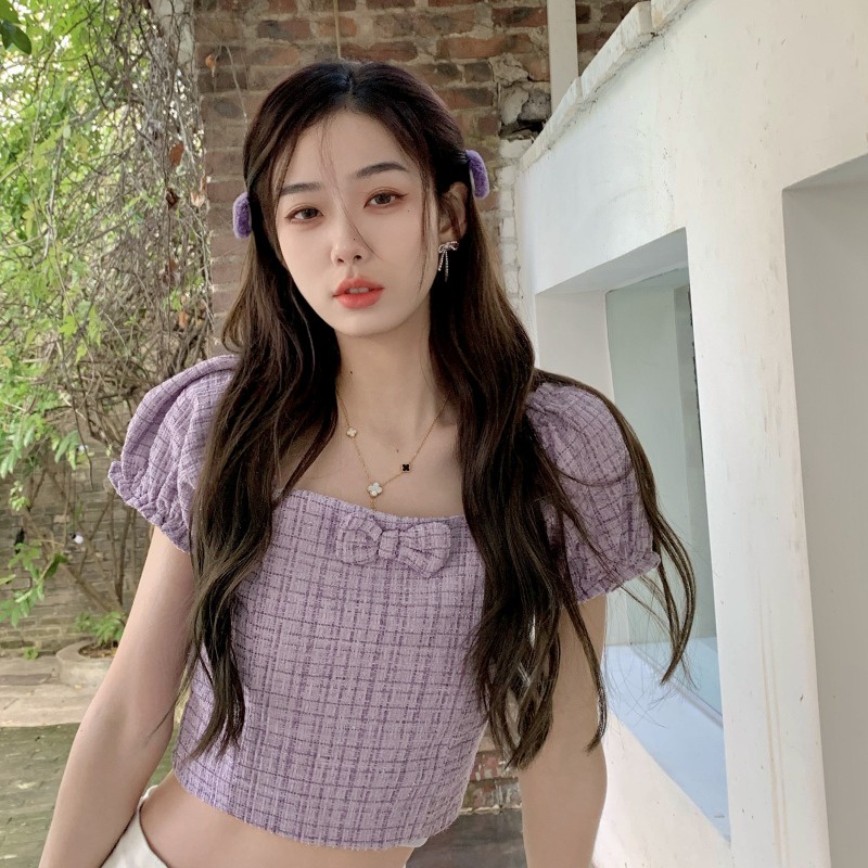 Áo Croptop Cổ Vuông Tay Phồng Họa Tiết Sọc Caro Màu Tím Ngọt Ngào Thời Trang Mùa Hè Cho Nữ