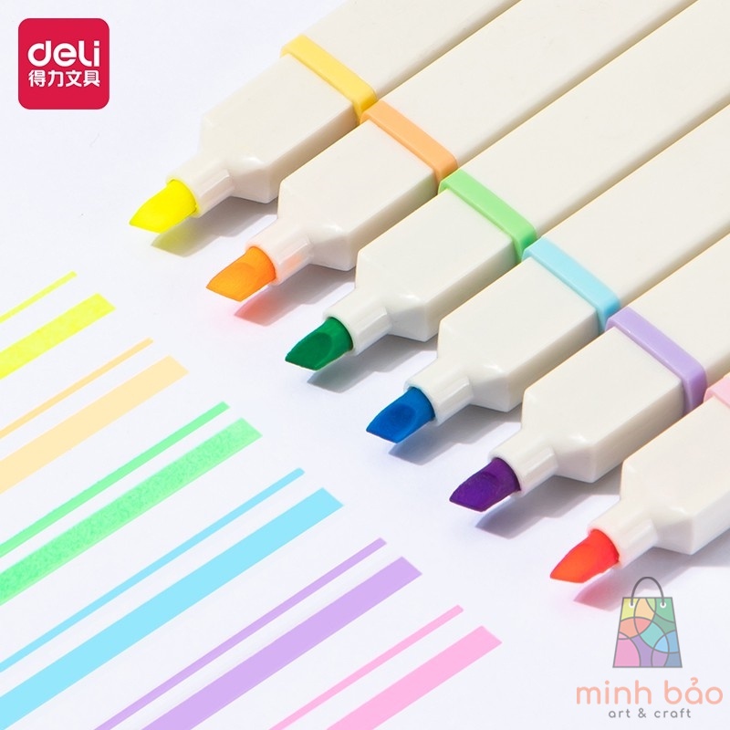 BỘ 6 BÚT HIGHLIGHT NHỚ DÒNG KÈM STICKER TRANG TRÍ ĐÁNH DẤU MÀU PASTEL DELI DẠ QUANG TIỆN LỢI CHO HỌC SINH VĂN PHÒNG