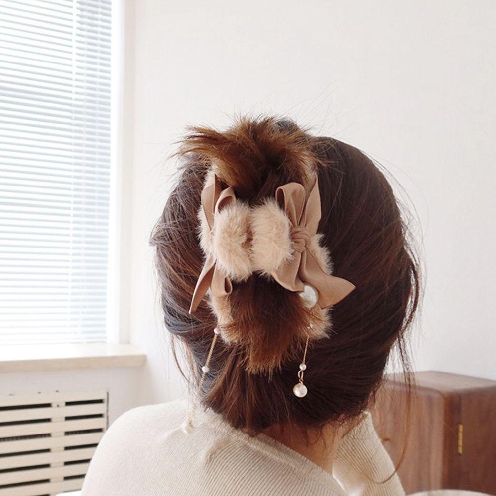 Kẹp Tóc Càng Cua Vải Lông Xù Kiểu Hình Học Phối Tua Rua Thời Trang Thu Đông Cho Nữ