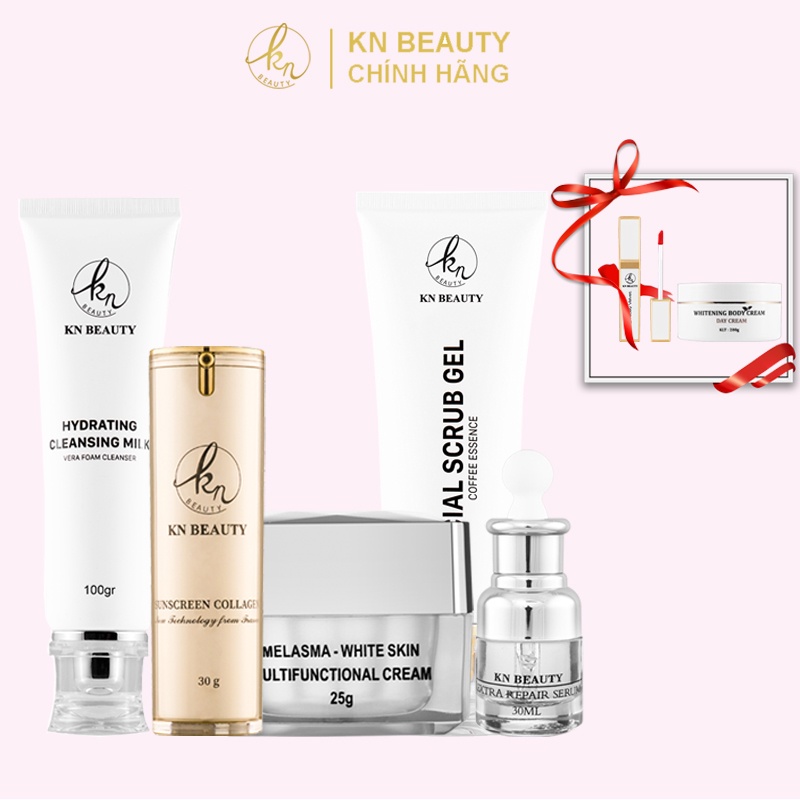 Combo 5 sản phẩm Ngừa Nám Trắng Da KN Beauty gồm: Kem dưỡng + Serum + Sữa rửa mặt + Tẩy tế bào chết + kem chống nắng