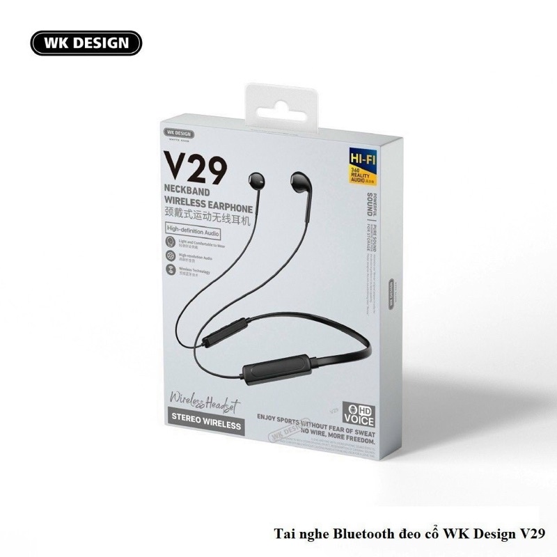 Tai nghe bluetooth, tai nghe sport quàng cổ WK V29 chính hãng, âm thanh sống động, có mic, pin bền