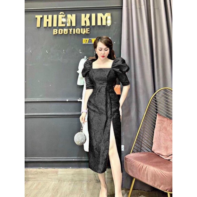 Đầm gấm sẻ tà cổ vuông midi bigsize 50kg đến 90kg