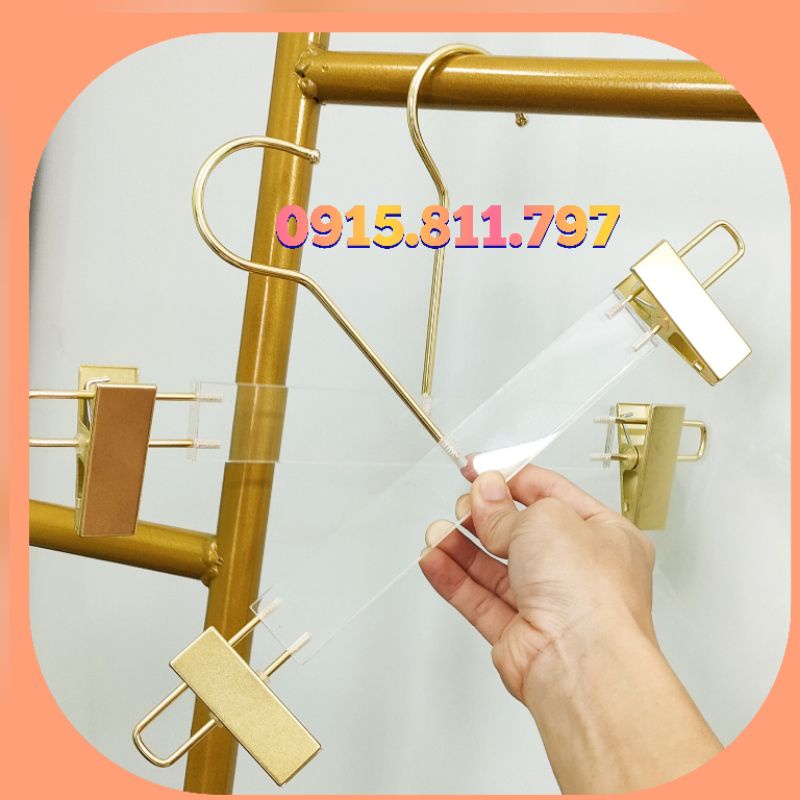 Móc treo quần áo - kẹp mika đầu kẹp mạ vàng siêu xinh và sang chảnh cho shop thời trang màu trong suốt,kích thước 30cm