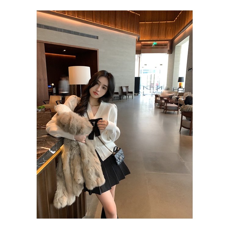 621579 Áo Khoác Cardigan Dệt Kim Cổ Chữ v Phối Nơ Thời Trang Thu Đông
