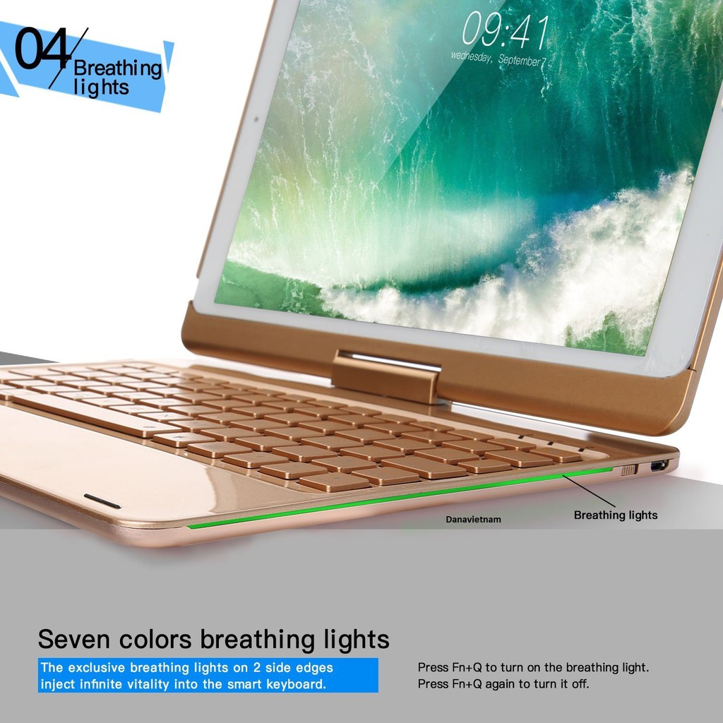 Bàn phím bluetooth kiêm ốp lưng F360 cho iPad Pro 10.5'' xoay 360 độ (Gold) tặng cáp sạc iPhone