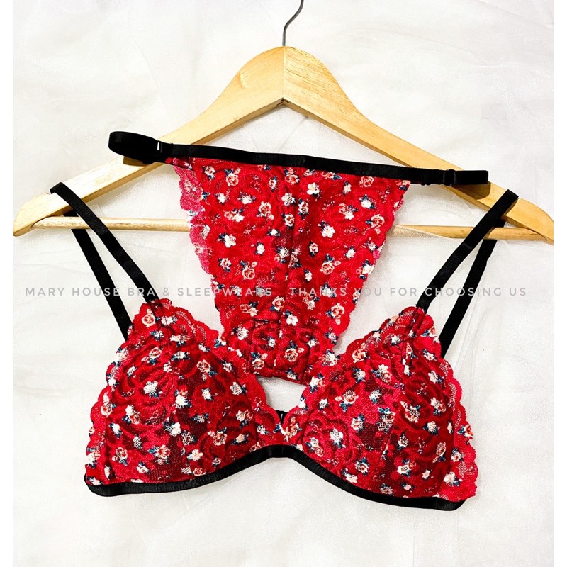 Set Bralette Ren Mút Ngực Quần Tam Giác Đỏ Hoa Mary House Bra & Sleepwears