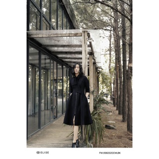 Áo khoác dạ đen lông cừu nơ cổ thiết kế Elise FW1908202OCWLBK