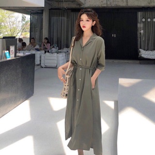 Đầm váy sơ mi rêu form dài nút trắng (kèm hình thật)