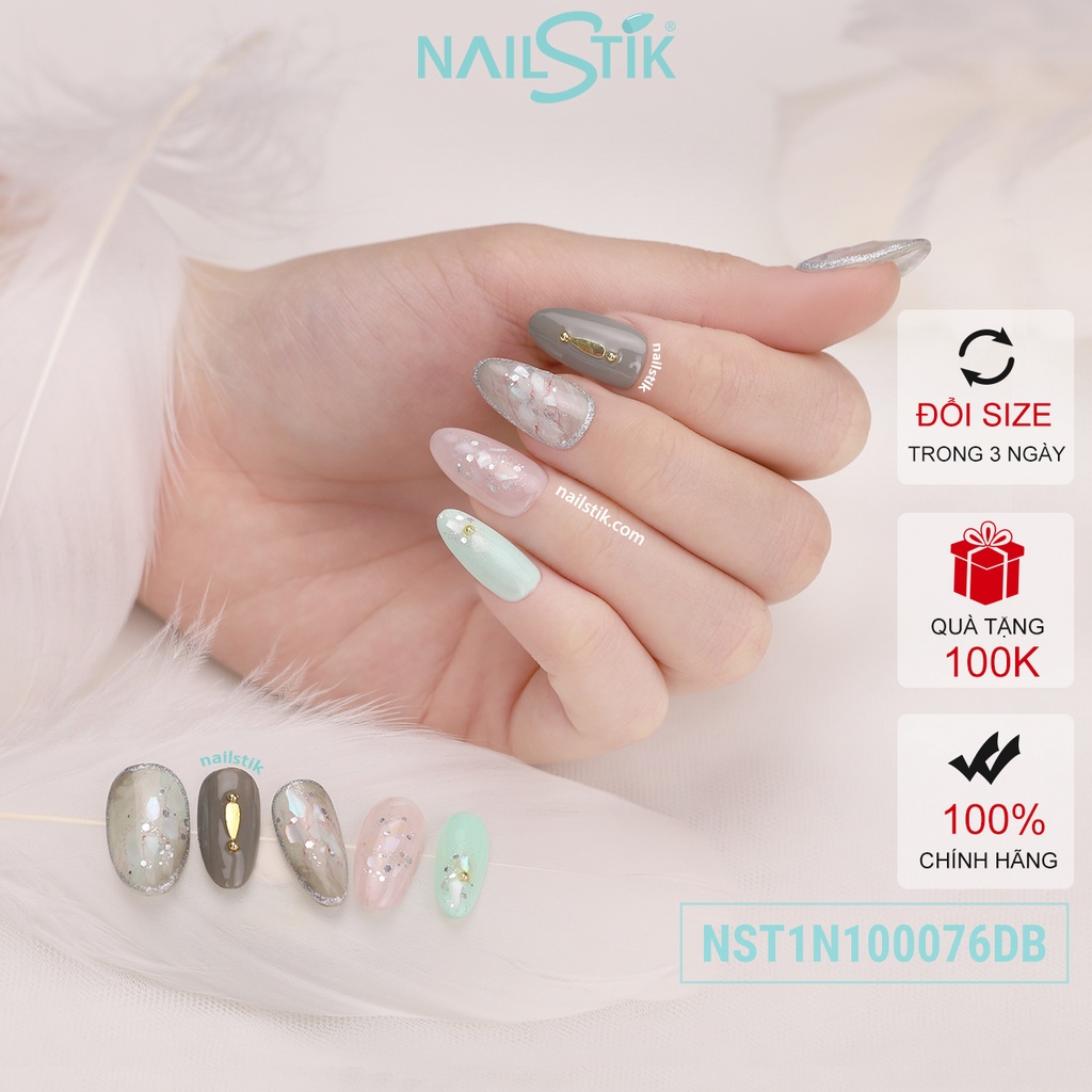 Móng úp thiết kế by NAILSTIK, màu xanh ngọc, xám, form móng bầu, ngắn/dài, 076