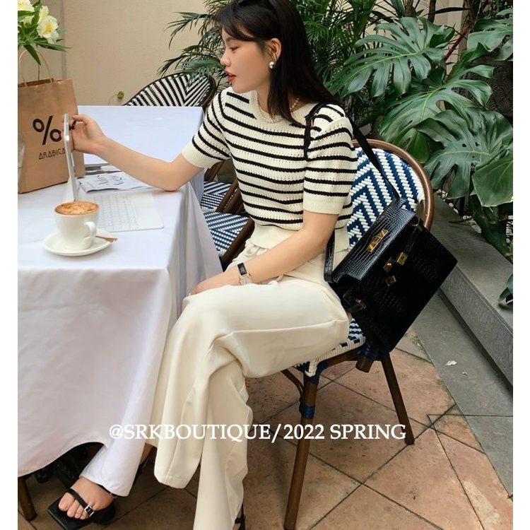 Áo Sweater Ngắn Tay Thiết Kế Mỏng Họa Tiết Kẻ Sọc Thiết Kế Mới Thời Trang Mùa Hè Dành Cho Nữ